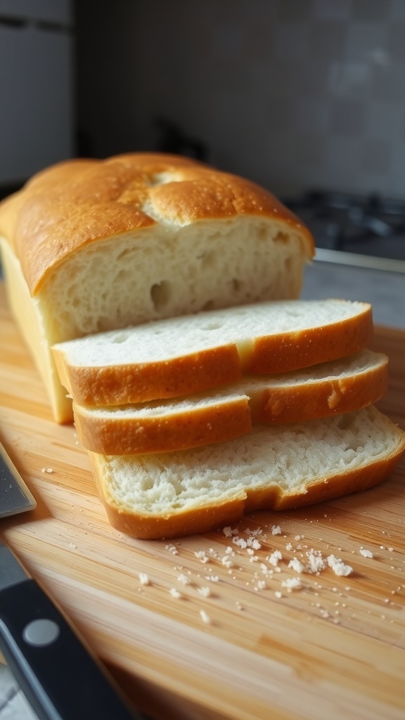 Loaf of bread with crusts removed, revealing soft interior slices on a cutting board.